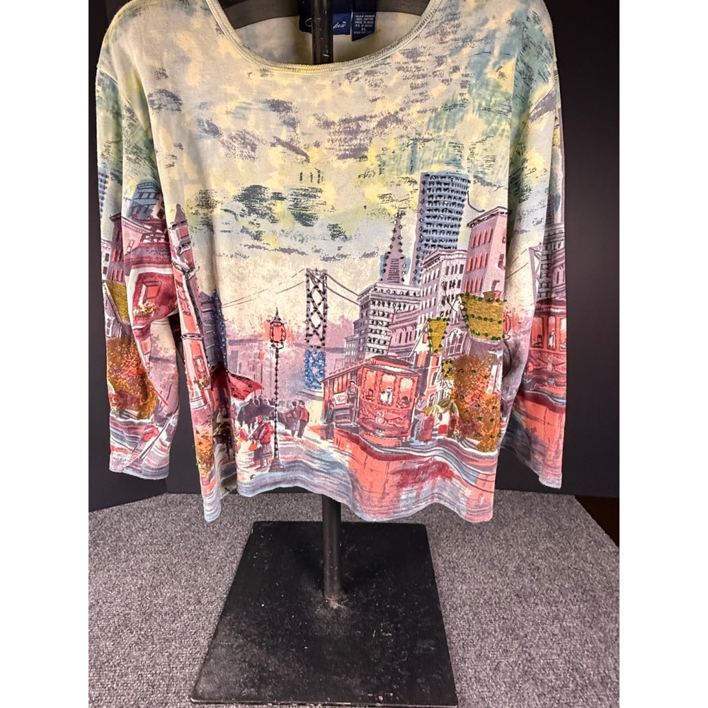 Artscapes San Francisco City Scene Beaded Cotton Top XL Blue 3/4 Sleeve Vintage
